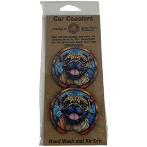 Car Coasters Pug Dog Life Stained Glass Dog Lover Set of 2 Neoprene Absorbent